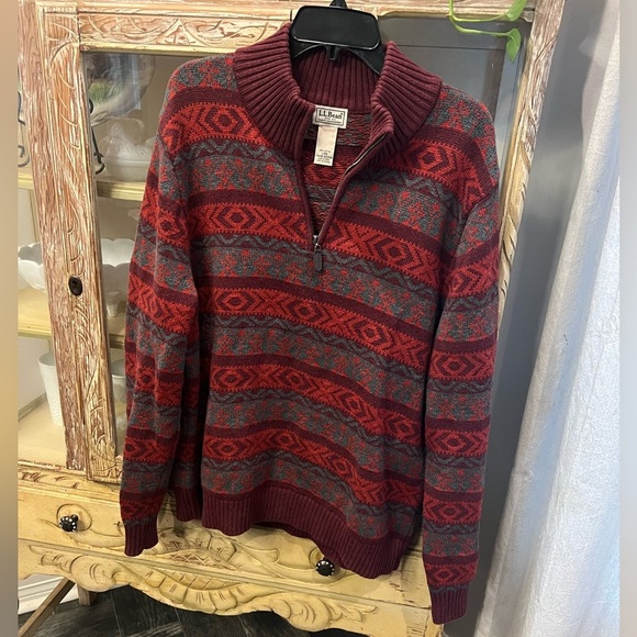LL Bean Mens Large Aztec 100% Cotton Pullover Vintage Sweater with 1/4 zip - Picture 1 of 5